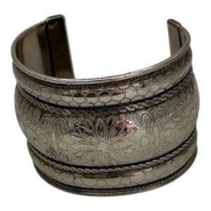 Wide Silvertone Floral Engraved Cuff Bracelet